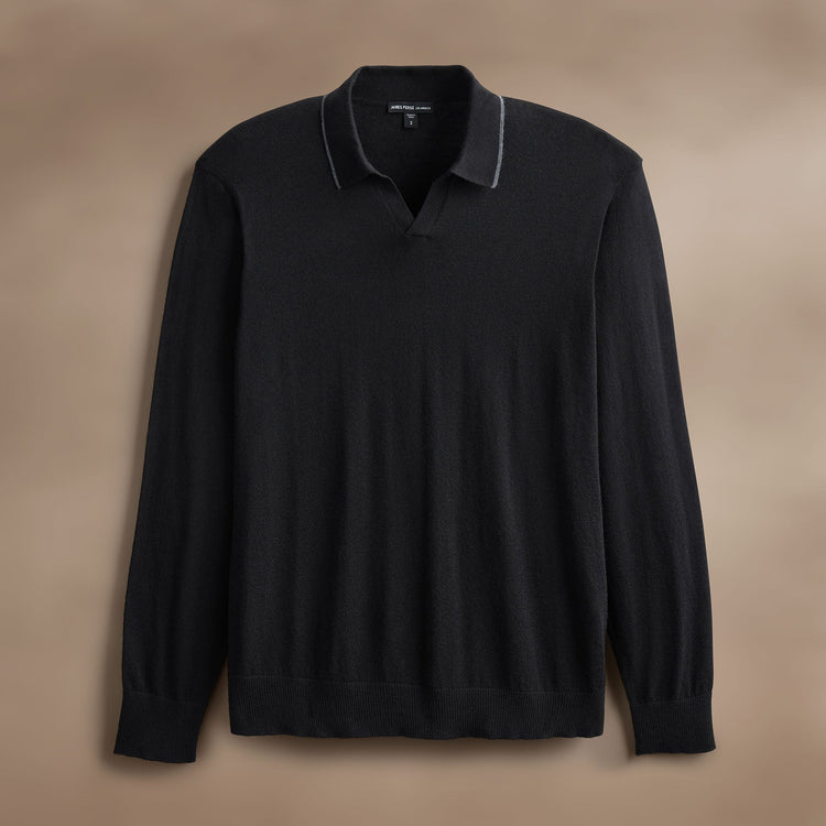 Ultra Fine Cshmr Tpd Open Polo in Black/Charcoal | James Perse Los Angeles