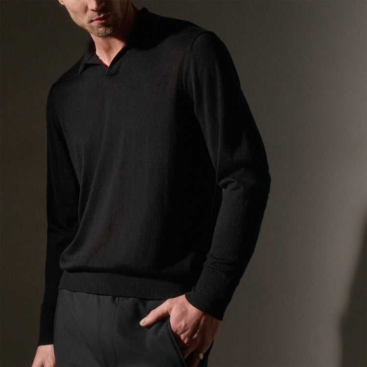 Ultra Fine Cshmr Tpd Open Polo in Black/Charcoal | James Perse Los Angeles