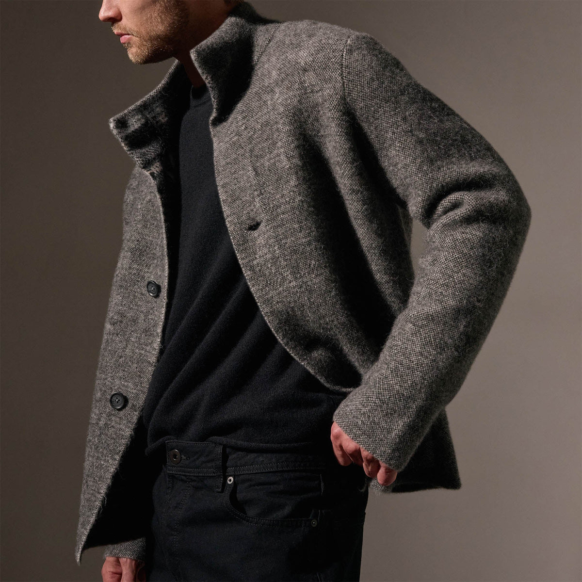 Jacquard Wool Alpaca Knit Jacket in Multi Grey | James Perse Los Angeles