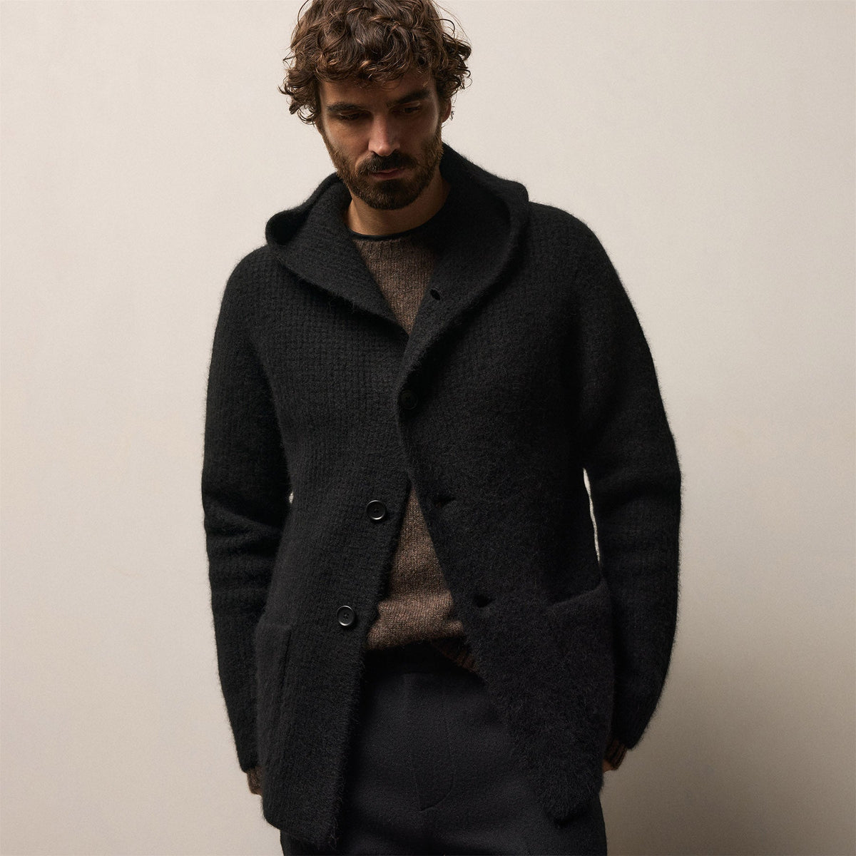 Chunky Waffle Knit Hooded Coat in Black | James Perse Los Angeles