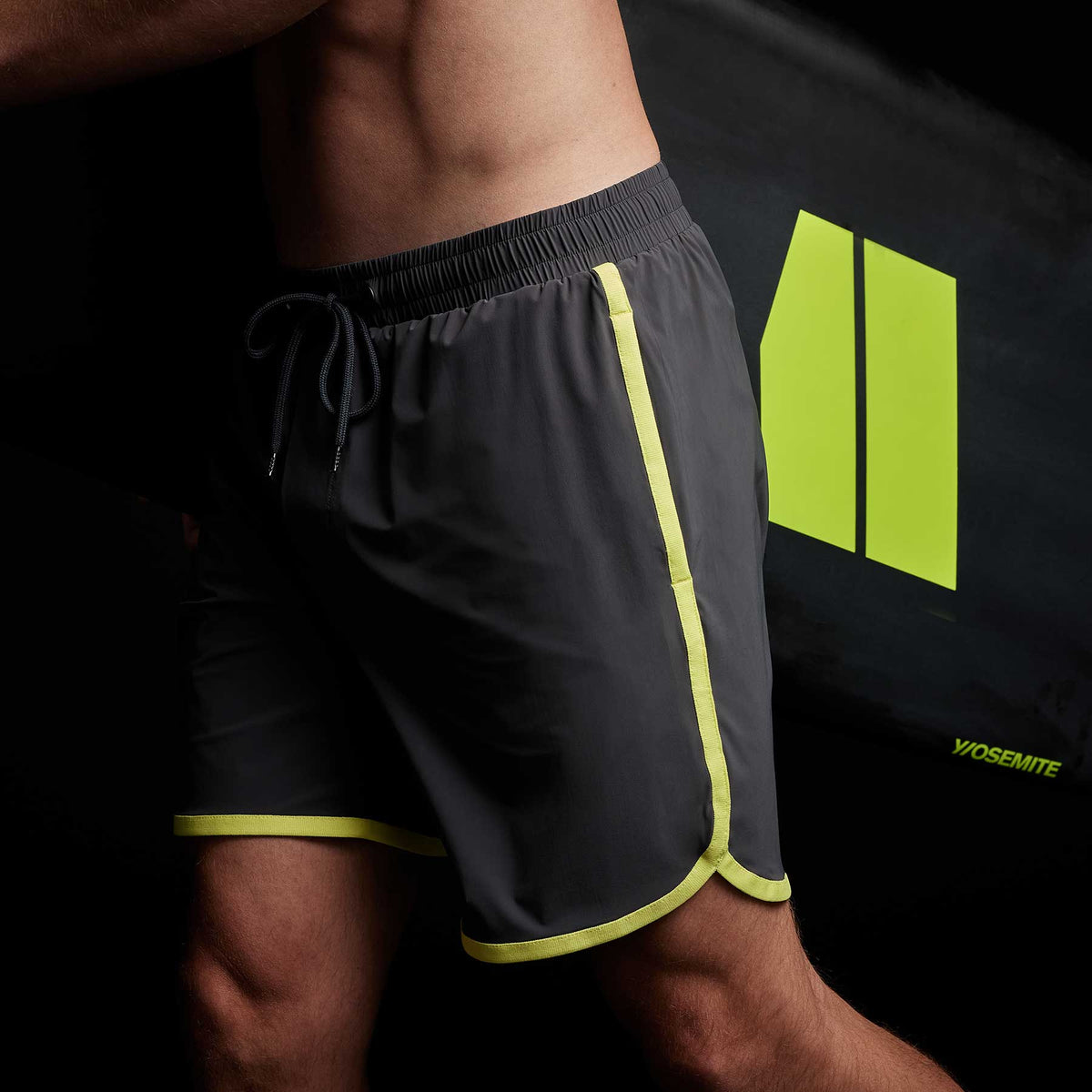 Y/OSEMITE Curved Hem Board Short in Carbon/Neon | James Perse Los Angeles