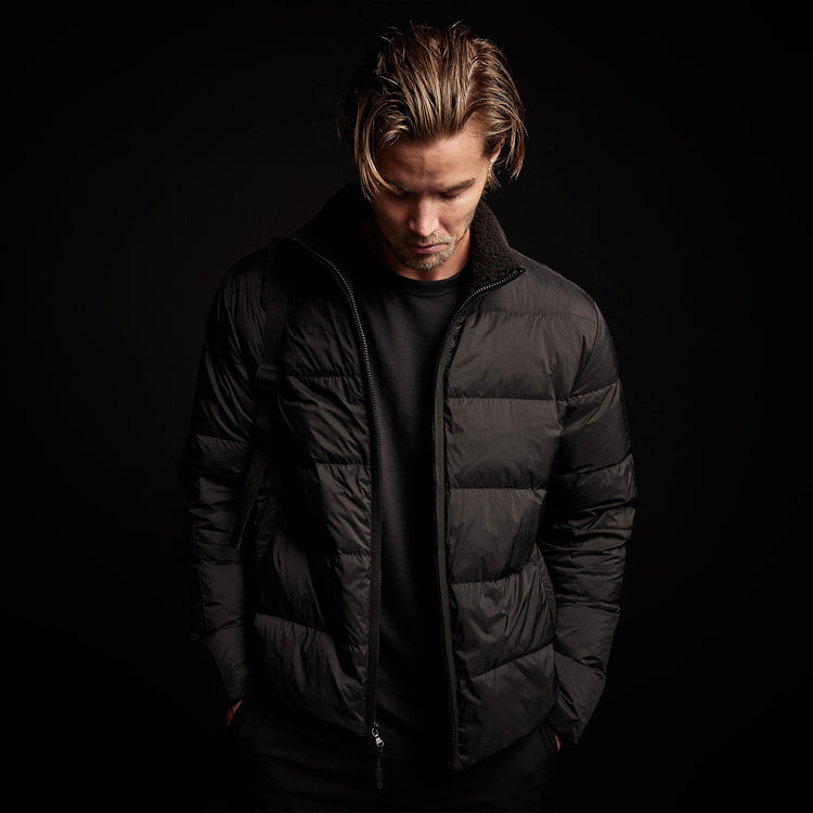 Side Stripe Down Funnel Jacket in Black/Black | James Perse Los Angeles