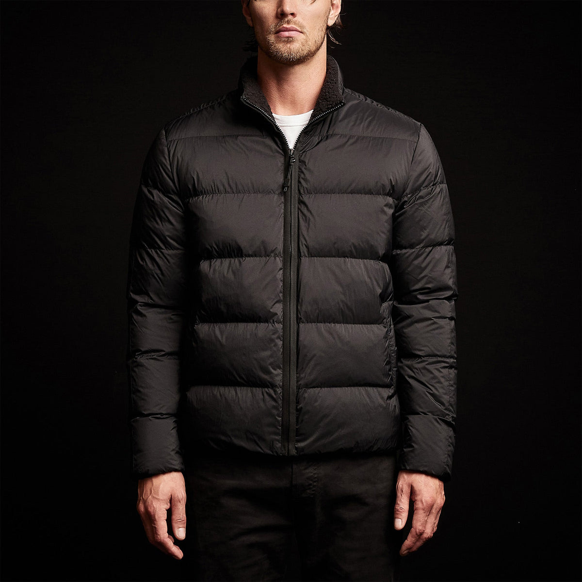 Side Stripe Down Funnel Jacket in Black/Black | James Perse Los Angeles