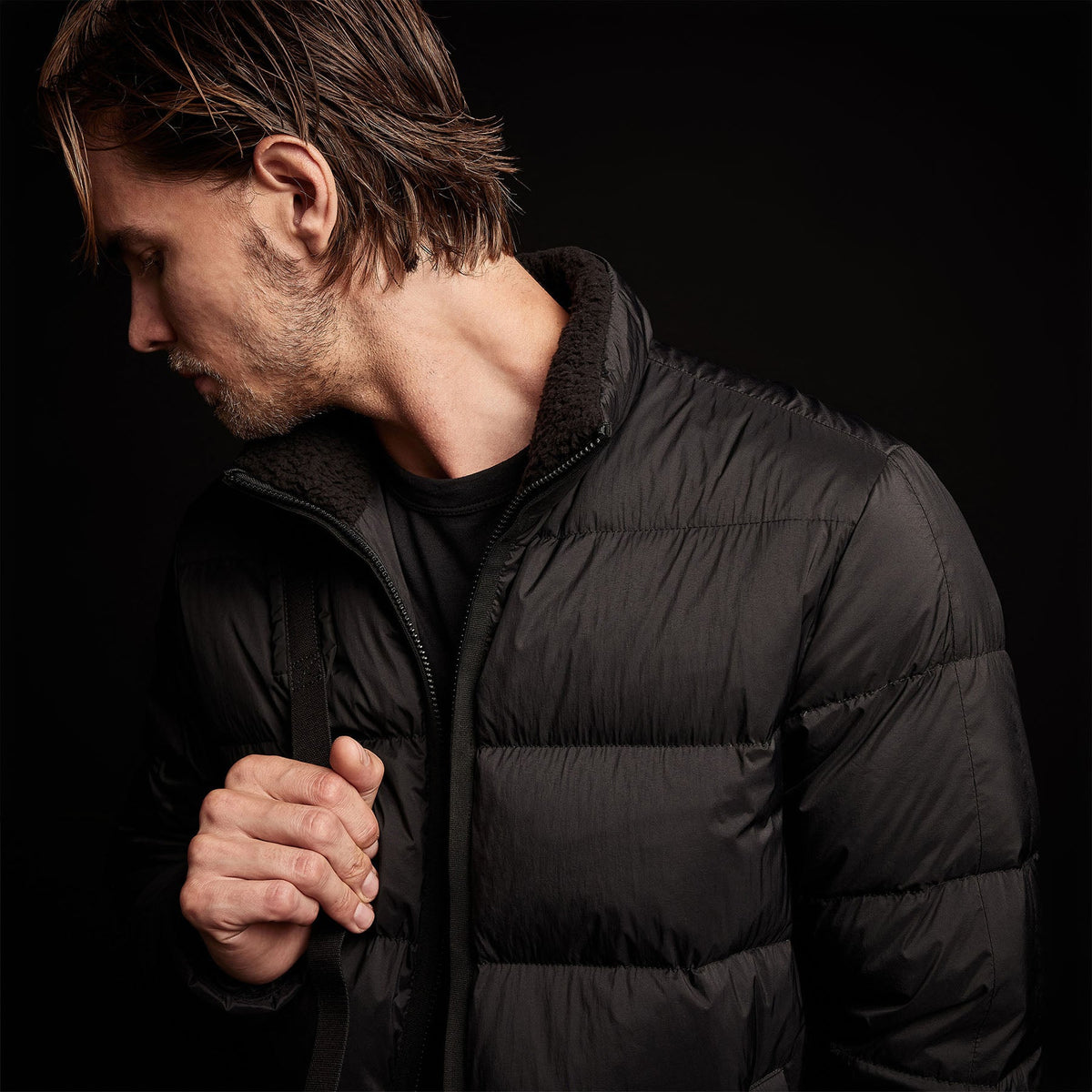 Side Stripe Down Funnel Jacket in Black/Black | James Perse Los Angeles