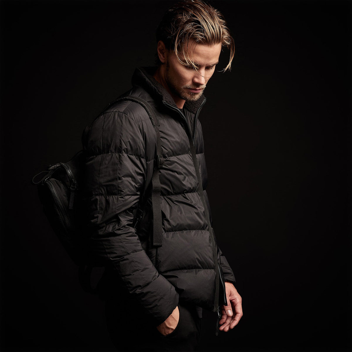Side Stripe Down Funnel Jacket in Black/Black | James Perse Los Angeles