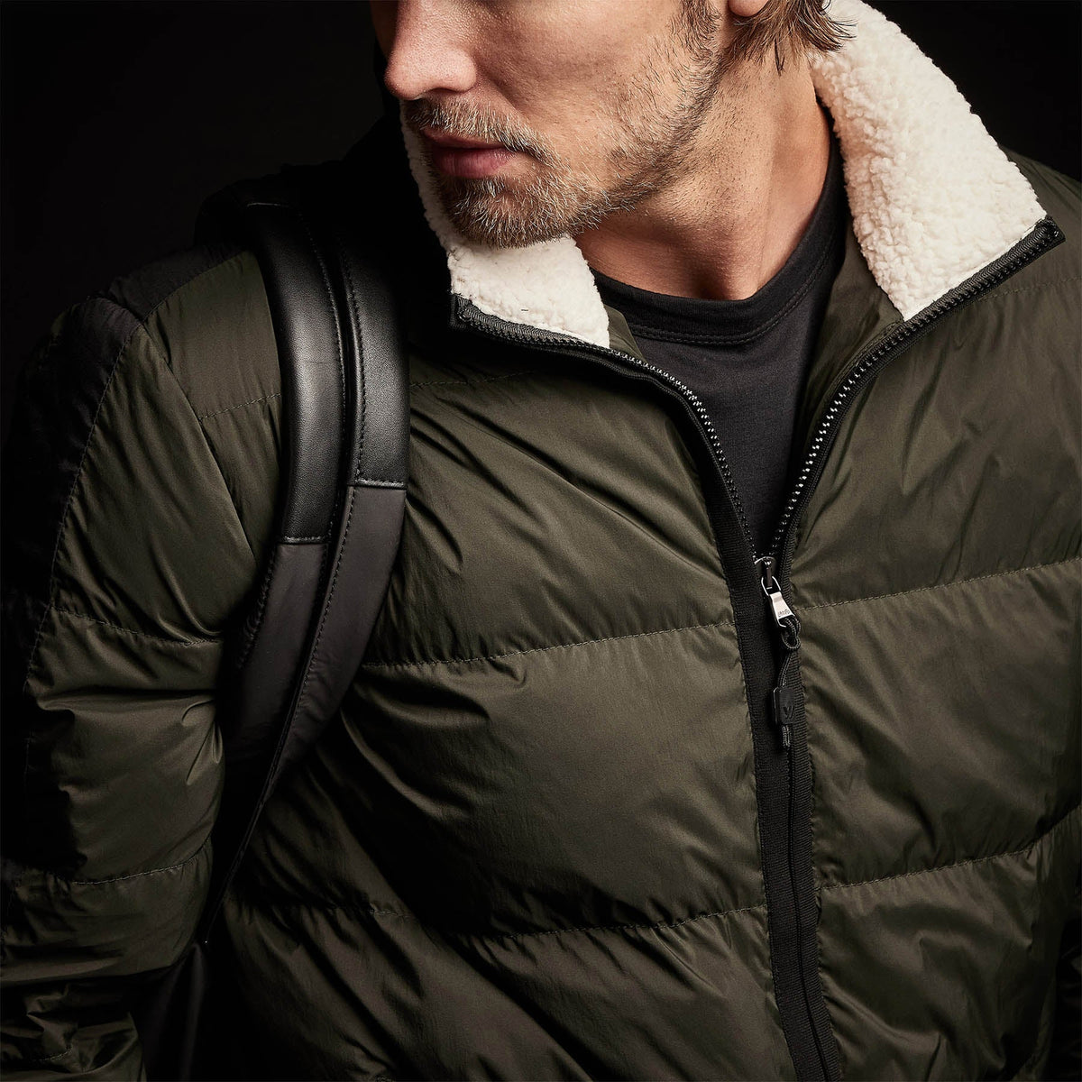 Side Stripe Down Funnel Jacket in Olive/Black | James Perse Los Angeles