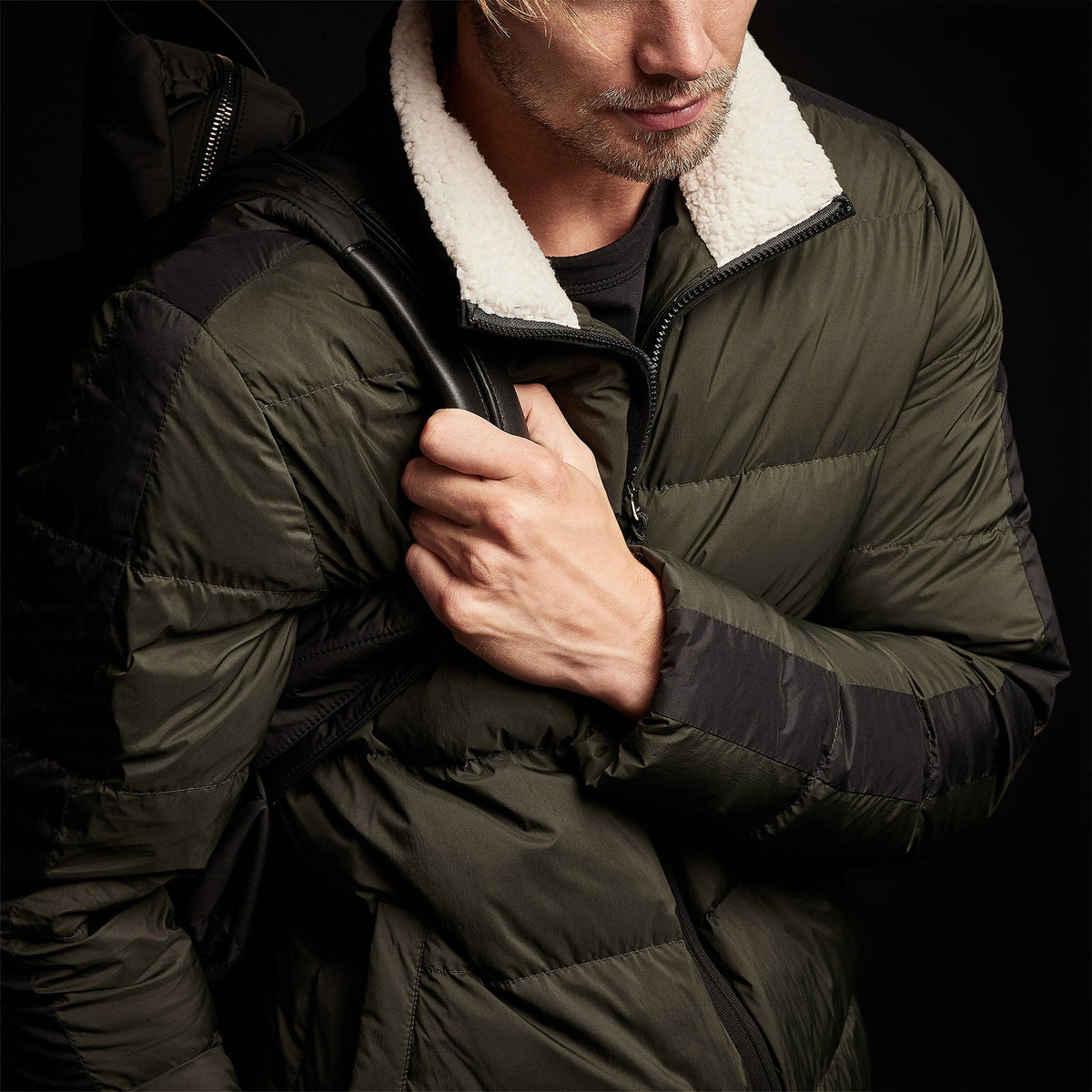 Side Stripe Down Funnel Jacket in Olive/Black | James Perse Los Angeles