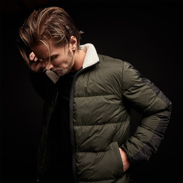 Side Stripe Down Funnel Jacket in Olive/Black | James Perse Los Angeles
