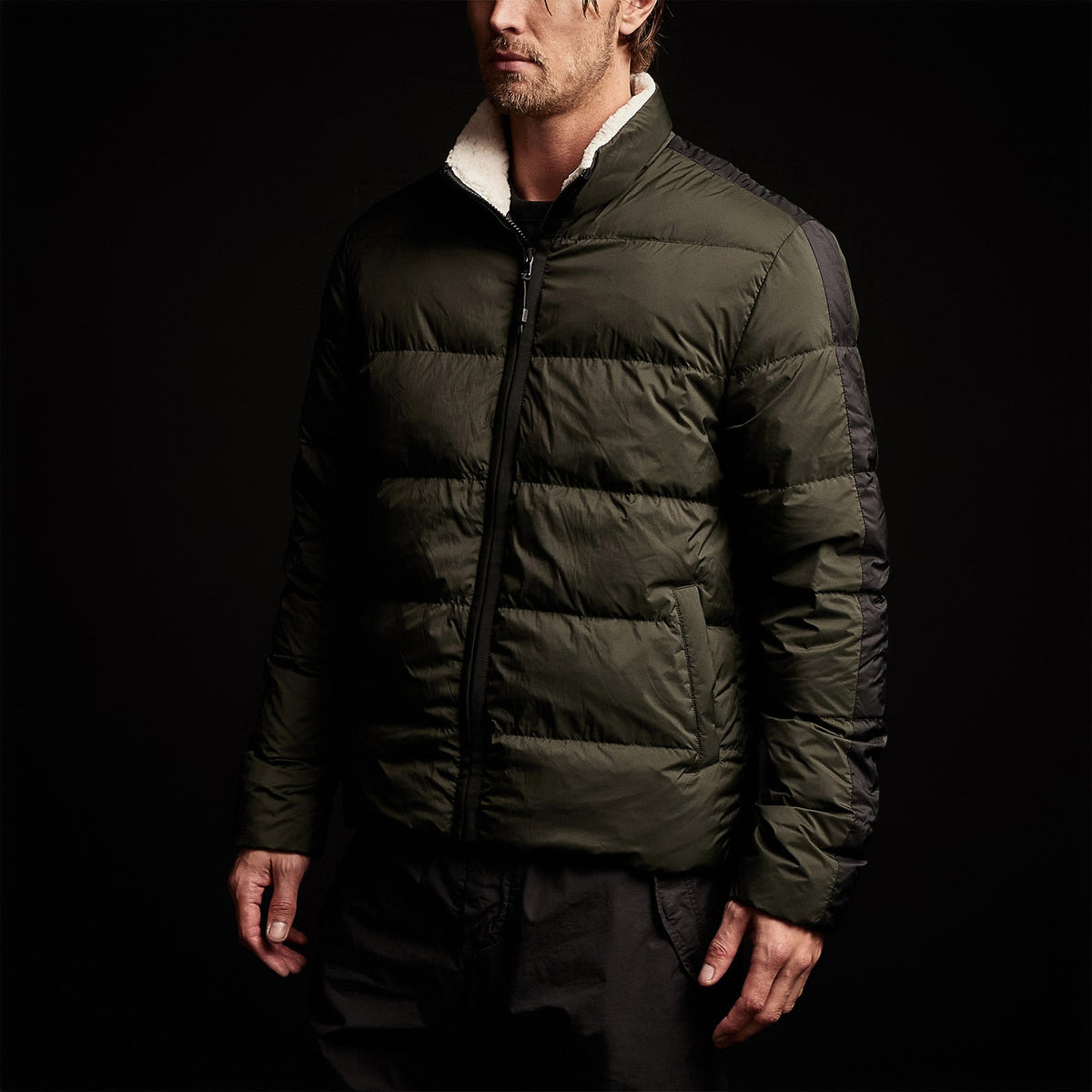 Side Stripe Down Funnel Jacket in Olive/Black | James Perse Los Angeles