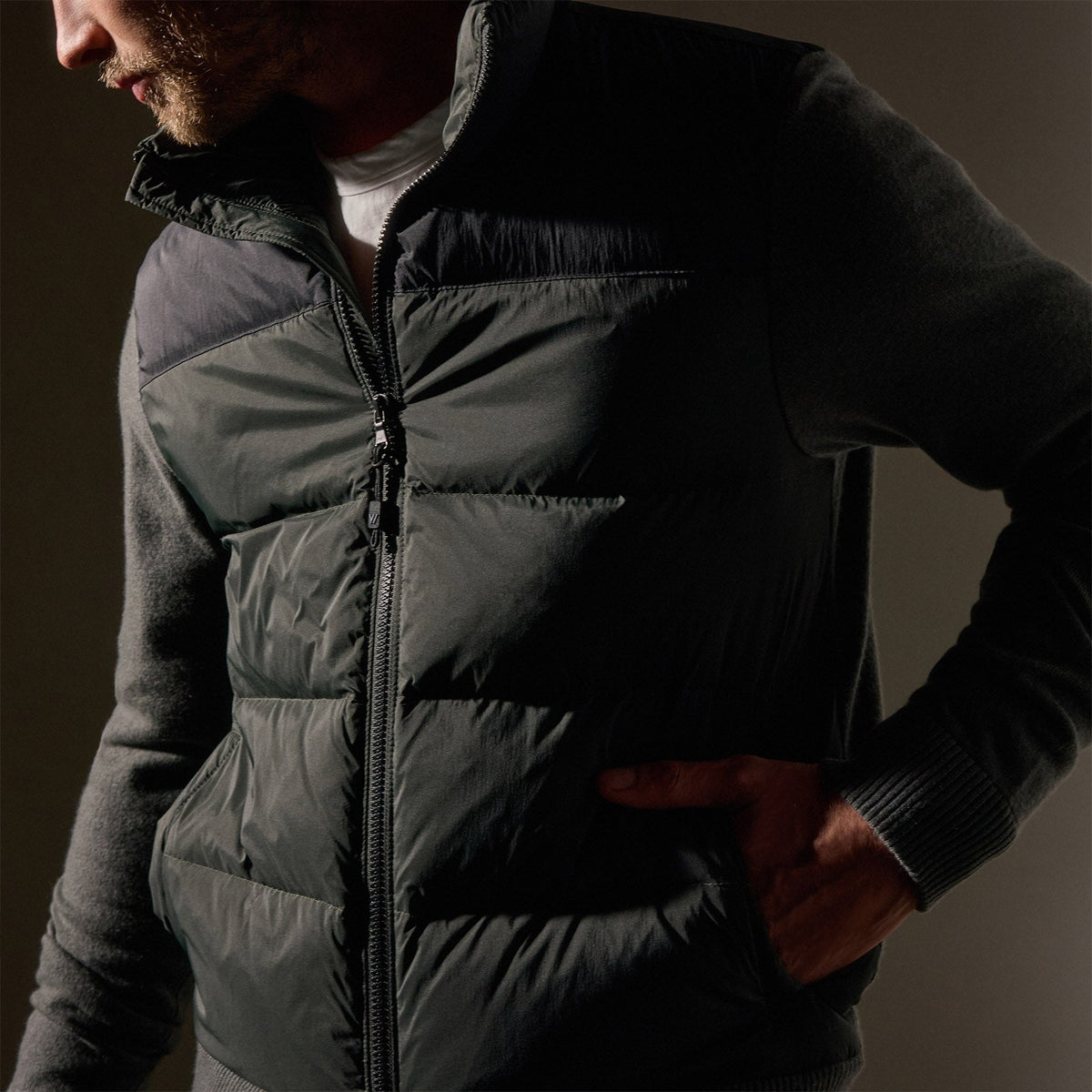 Two Tone Down Front Zip Up Sweater  in Black/Olive/Olive | James Perse Los Angeles