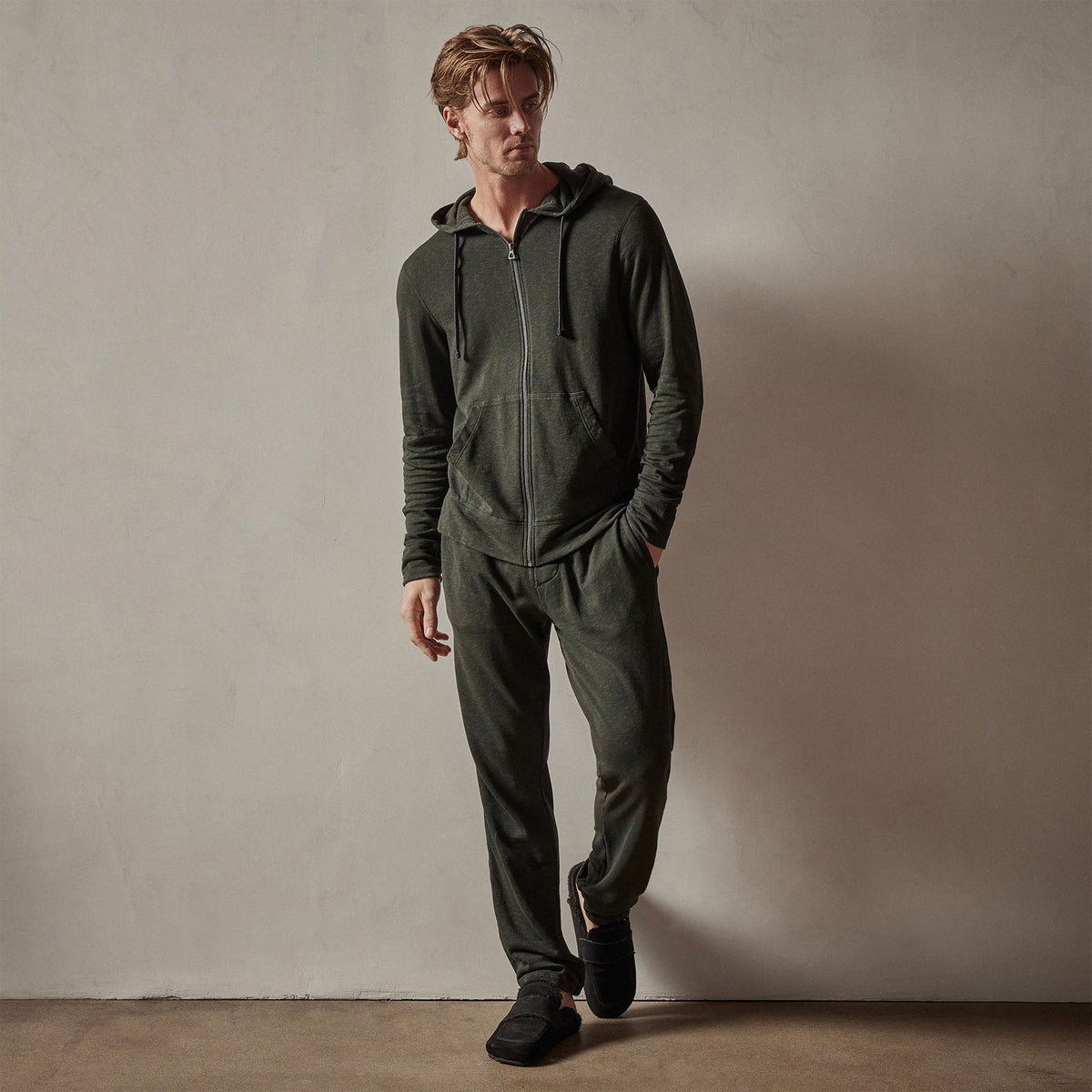 Vintage French Terry Zip Up Hoodie in Dark Olive Pigment | James Perse Los Angeles