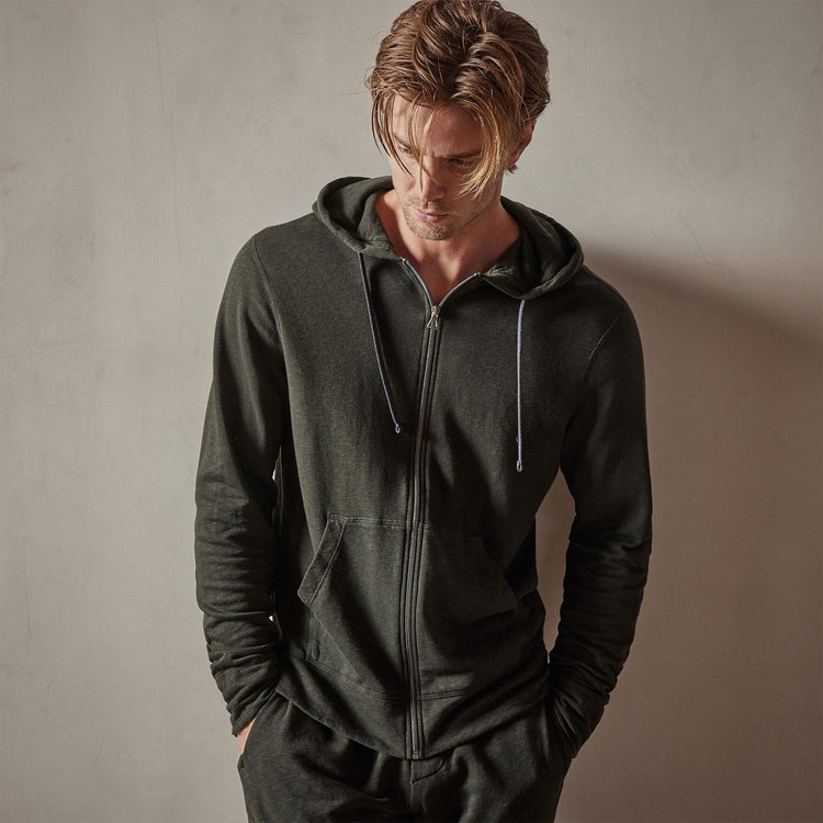 Vintage French Terry Zip Up Hoodie in Dark Olive Pigment | James Perse Los Angeles