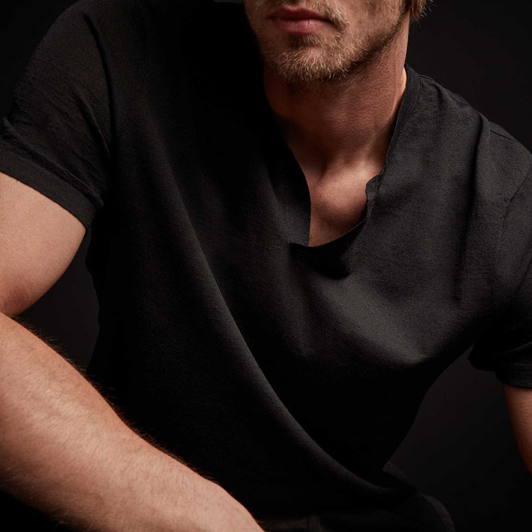 Linen Blend Short Sleeve Henley Sweater - Black | James Perse Los Angeles