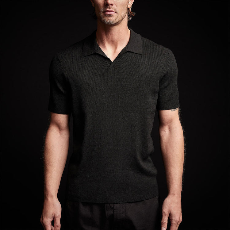 Stretch Linen Ribbed Polo in Black | James Perse Los Angeles 