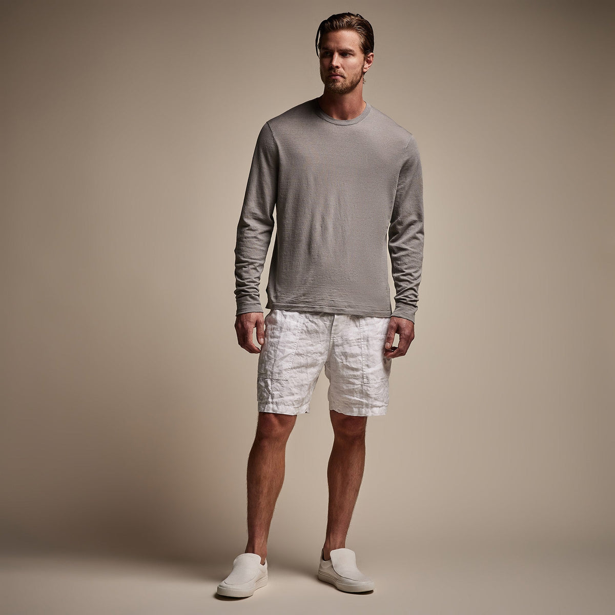 Linen Blend Long Sleeve Contrast Crew in Silver Grey/White | James Perse Los Angeles