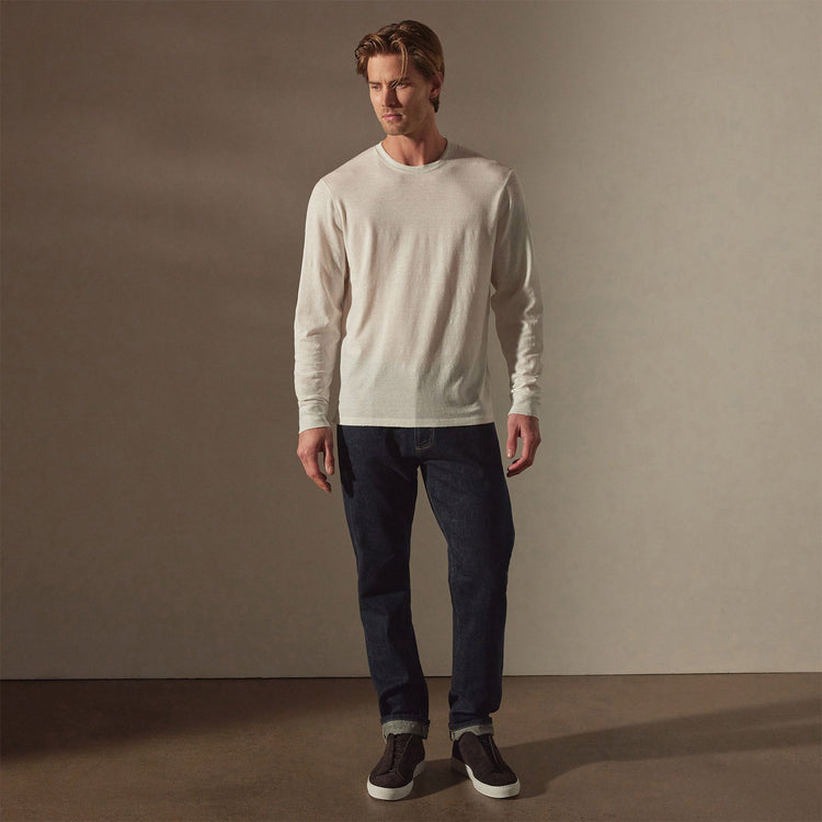 Linen Blend Long Sleeve Contrast Crew in White/Silver Grey | James Perse Los Angeles