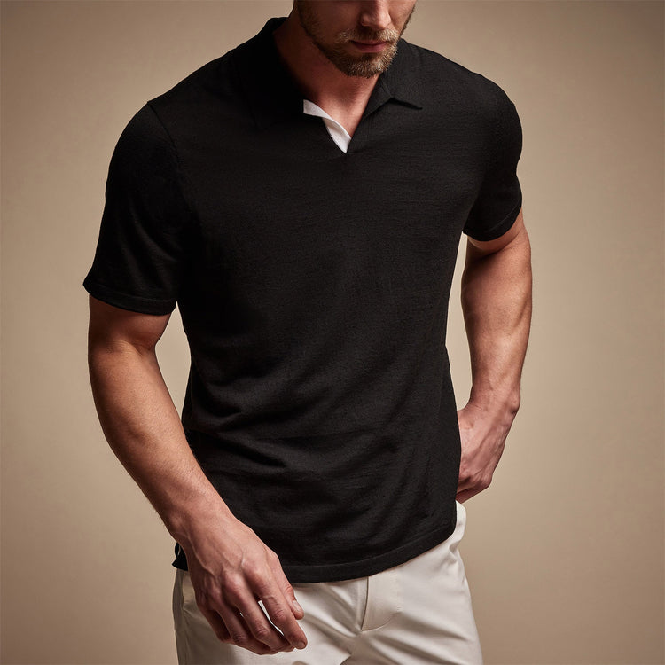 Linen Blend Contrast Polo in Black/White | James Perse Los Angeles