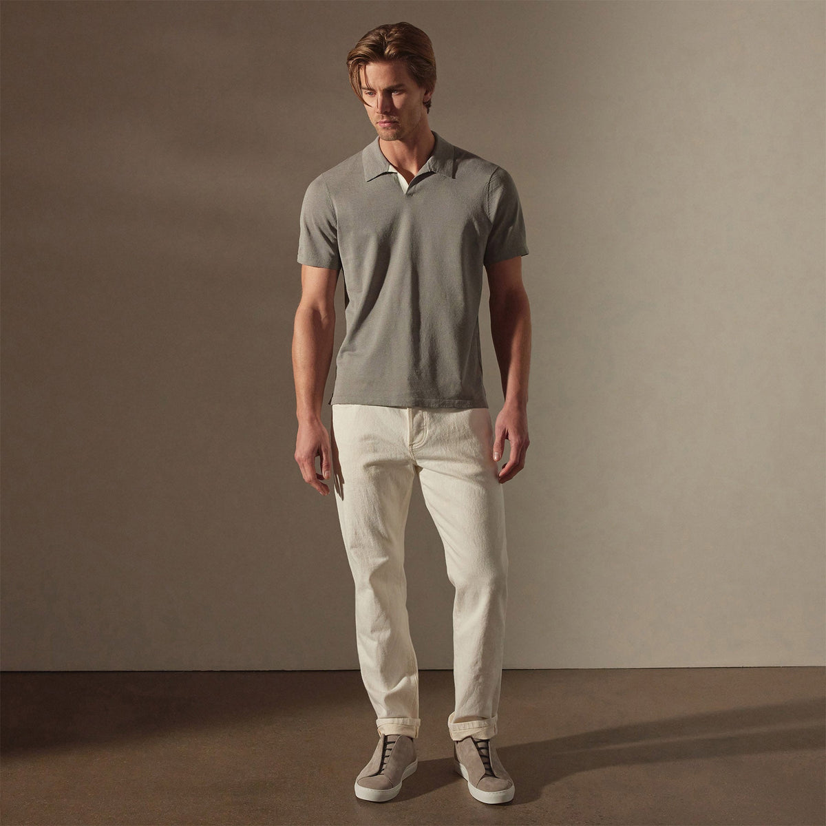 Linen Blend Contrast Polo in Silver Grey/White | James Perse Los Angeles