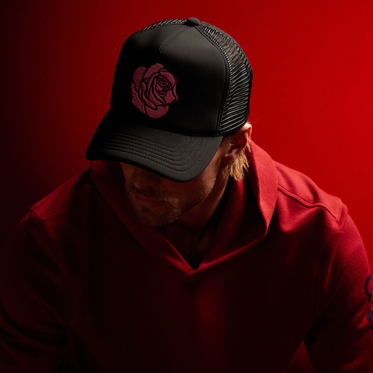 Grateful Dead Rose Embroidered Trucker Hat in Black | James Perse Los Angeles