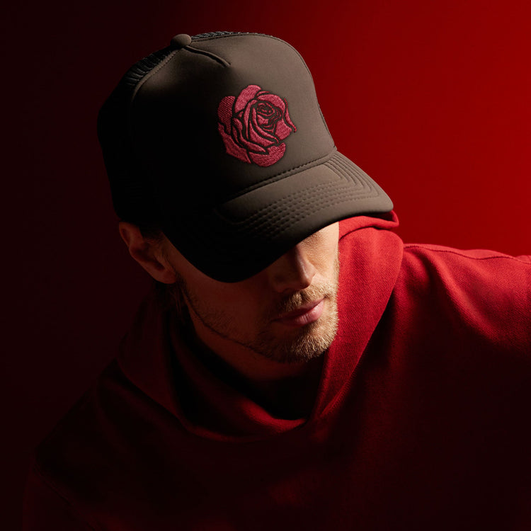 Grateful Dead Rose Embroidered Trucker Hat in Carbon Grey | James Perse Los Angeles