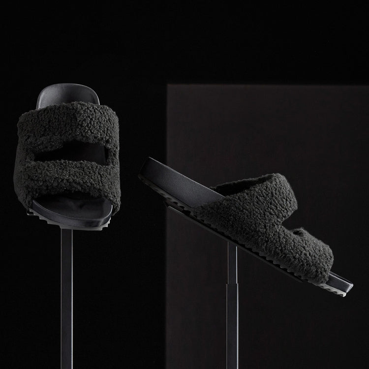 Mens Double Strap Shearling Slide in Black | James Perse Los Angeles