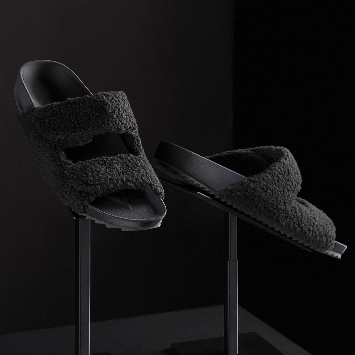 Mens Double Strap Shearling Slide in Black | James Perse Los Angeles