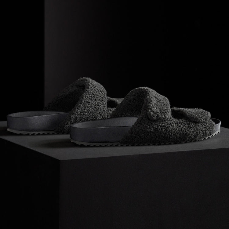 Mens Double Strap Shearling Slide in Black | James Perse Los Angeles
