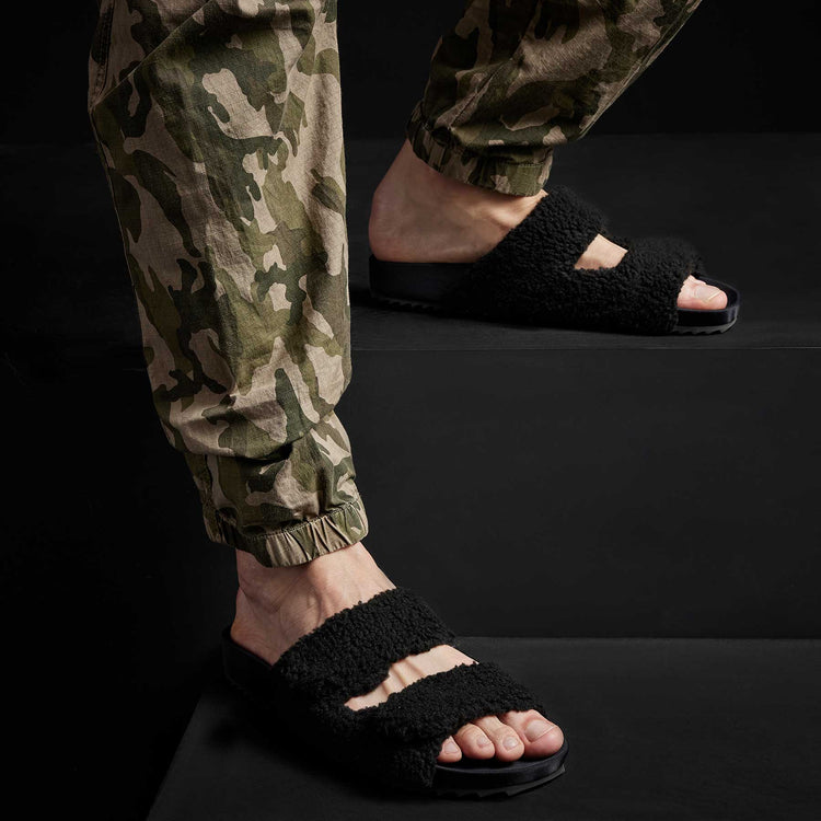 Mens Double Strap Shearling Slide in Black | James Perse Los Angeles