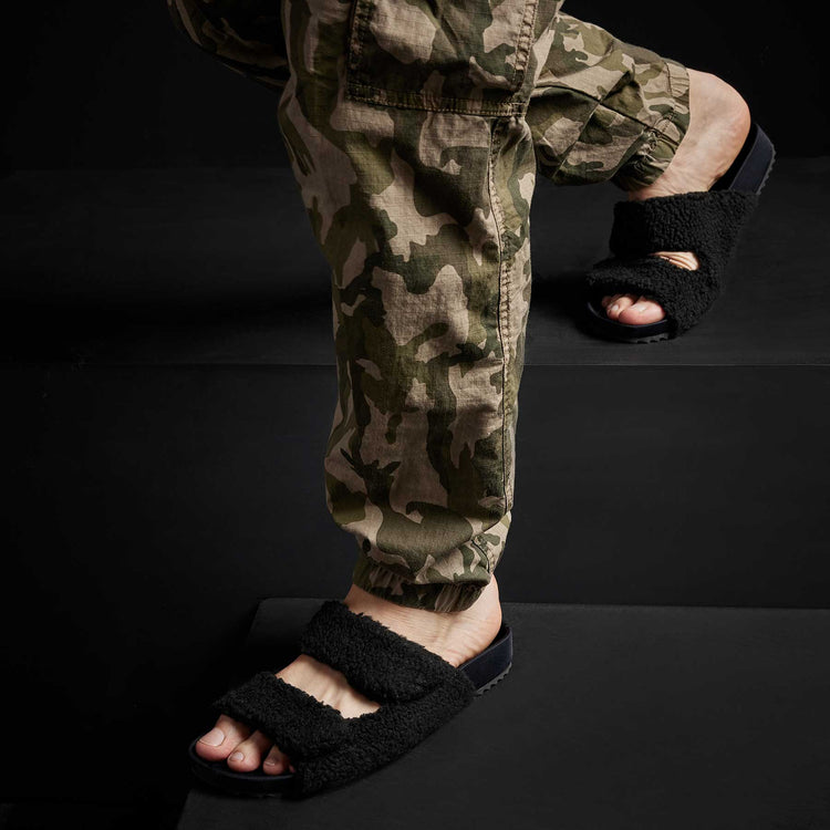Mens Double Strap Shearling Slide in Black | James Perse Los Angeles