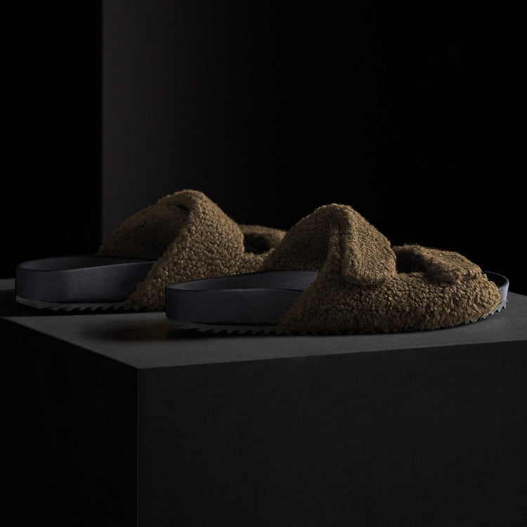 Mens Double Strap Shearling Slide in Olive | James Perse Los Angeles