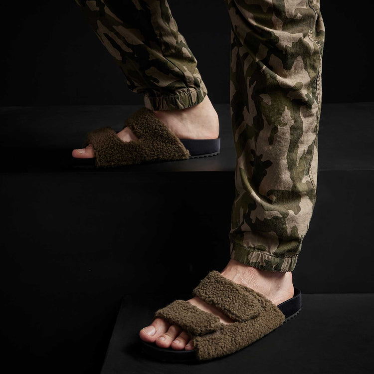 Mens Double Strap Shearling Slide in Olive | James Perse Los Angeles