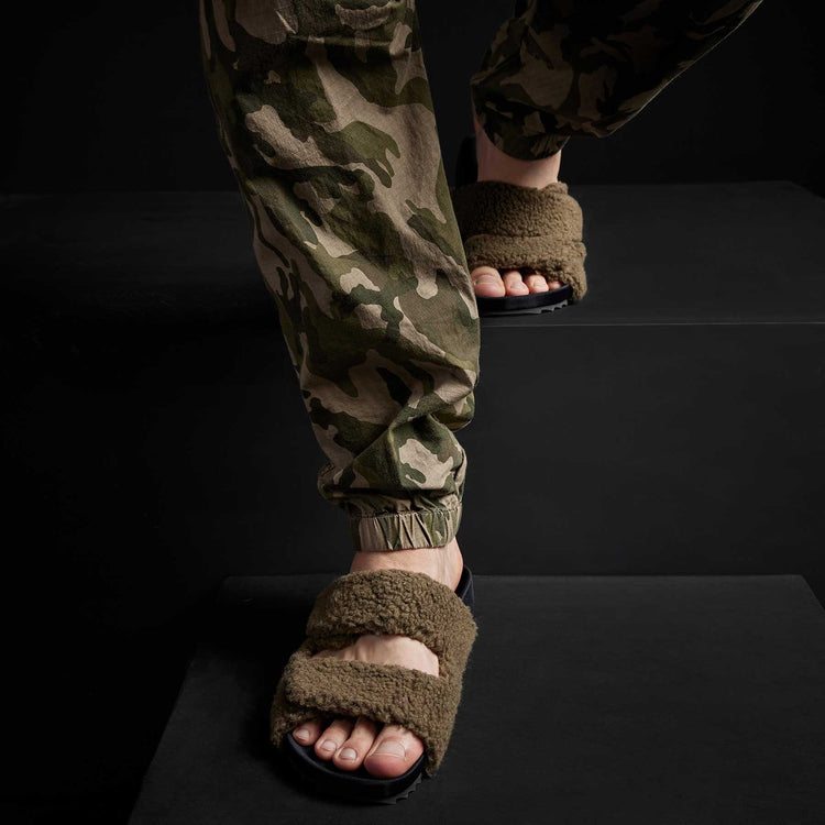 Mens Double Strap Shearling Slide in Olive | James Perse Los Angeles