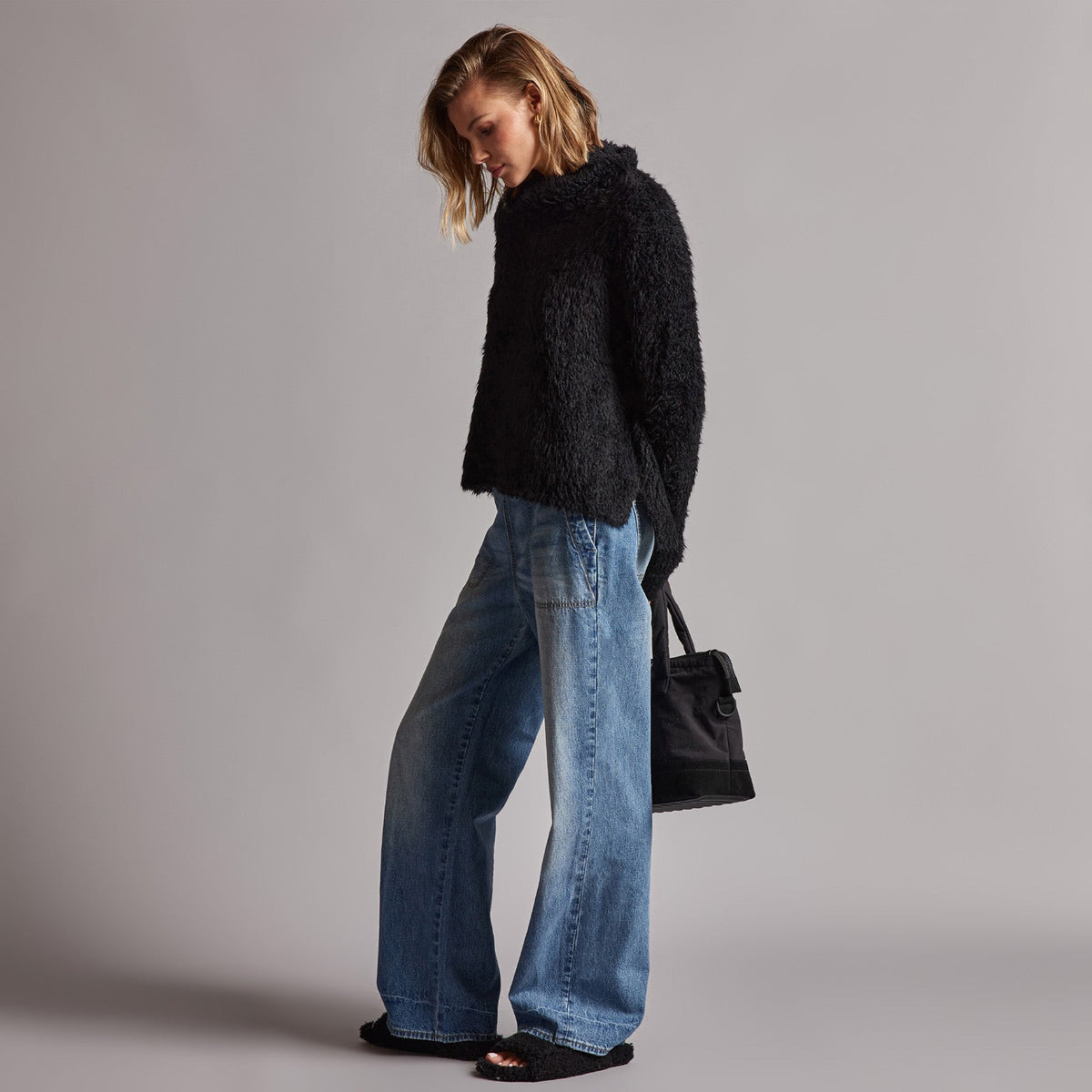 Wool Blend Sherpa Turtleneck Sweater in Black | James Perse Los Angeles