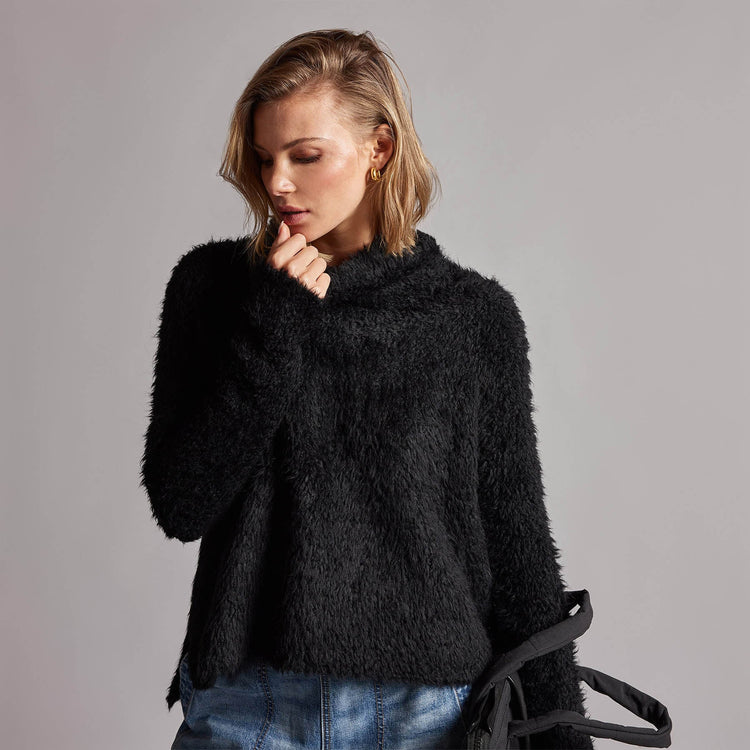 Wool Blend Sherpa Turtleneck Sweater in Black | James Perse Los Angeles