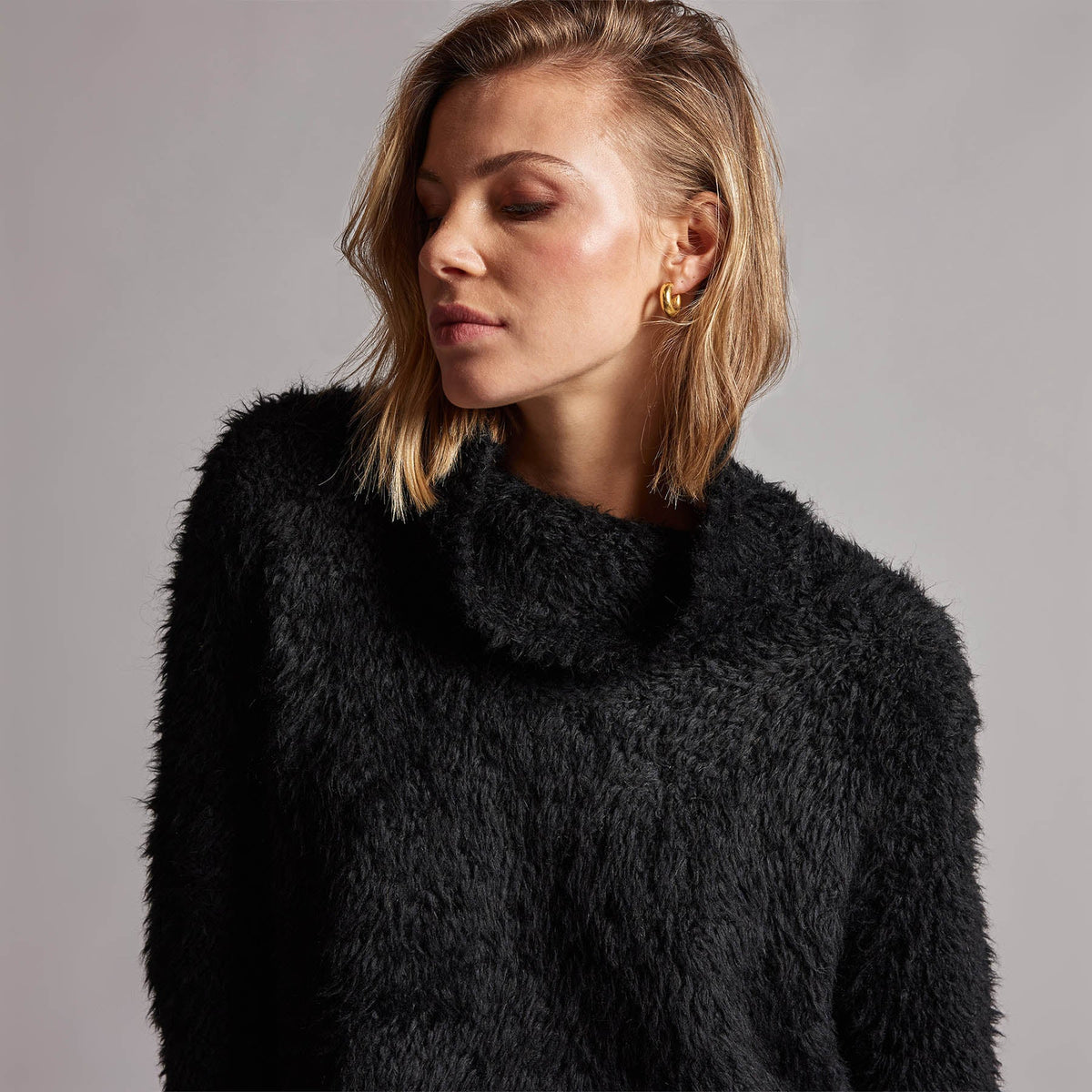 Wool Blend Sherpa Turtleneck Sweater in Black | James Perse Los Angeles