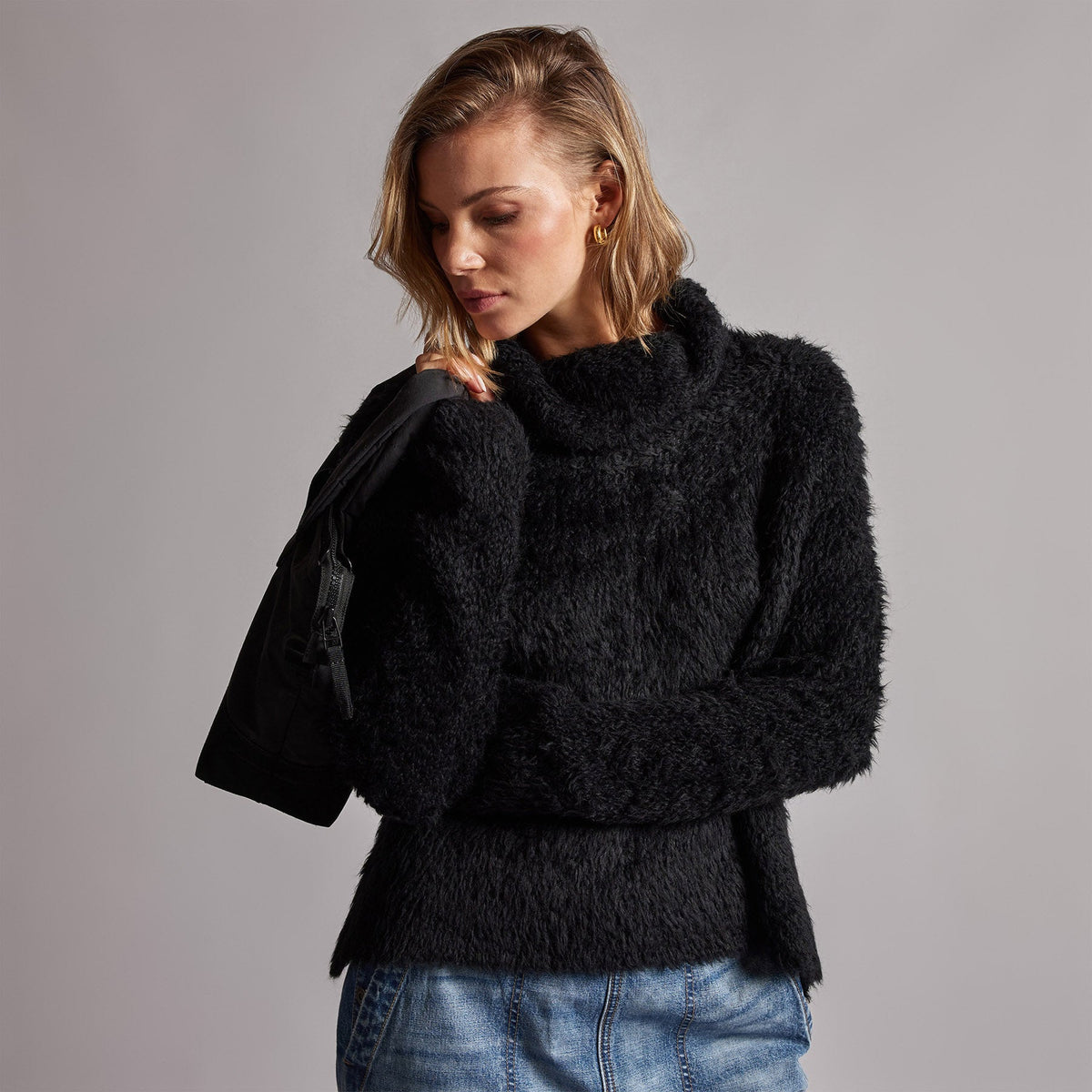 Wool Blend Sherpa Turtleneck Sweater in Black | James Perse Los Angeles