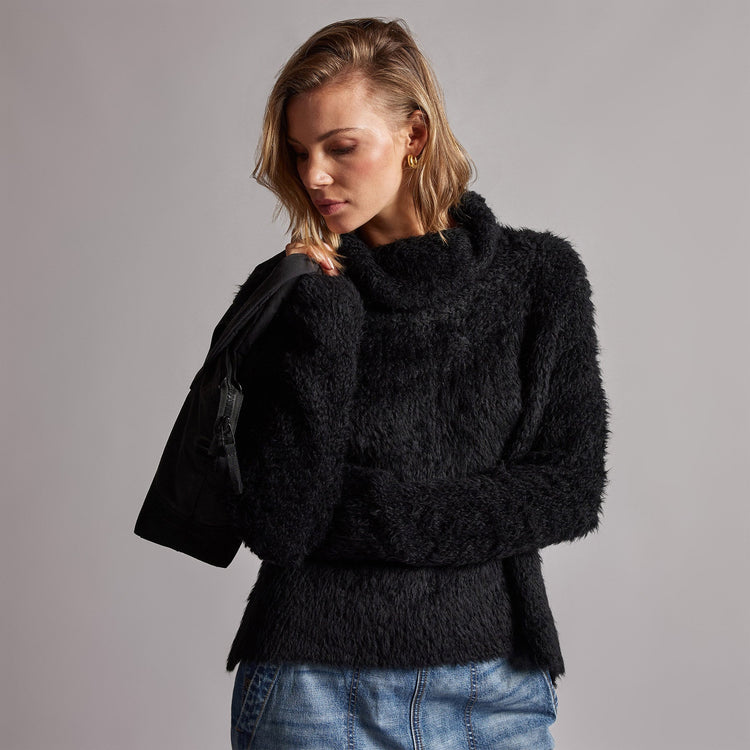 Wool Blend Sherpa Turtleneck Sweater in Black | James Perse Los Angeles