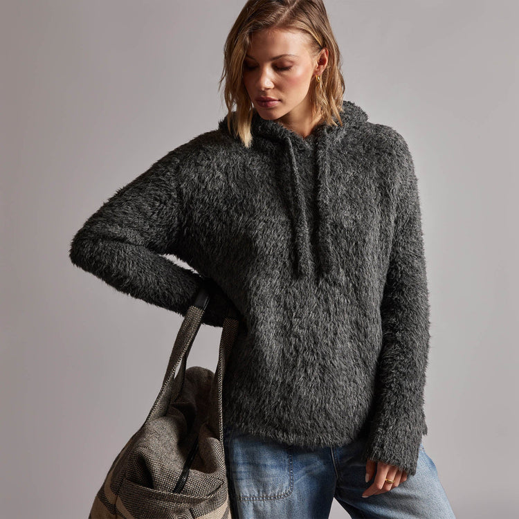 Wool Blend Sherpa Hooded Sweater in Anthracite | James Perse Los Angeles