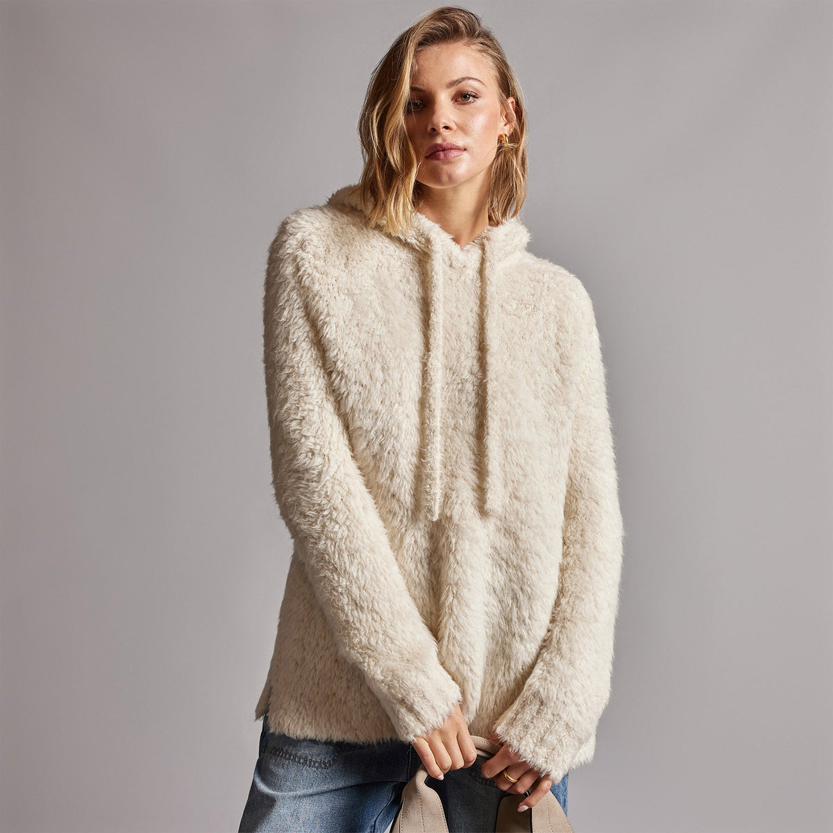 Wool Blend Sherpa Hooded Sweater in Natural | James Perse Los Angeles
