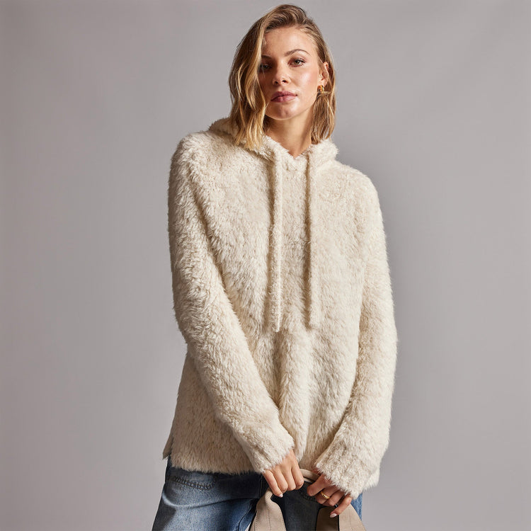 Wool Blend Sherpa Hooded Sweater in Natural | James Perse Los Angeles