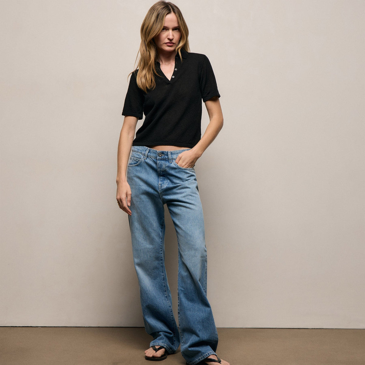 Fine Knit Short Sleeve Polo in Black | James Perse Los Angeles