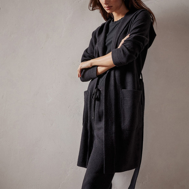 Brushed Thrml Knit Hooded Robe in Black | James Perse Los Angeles