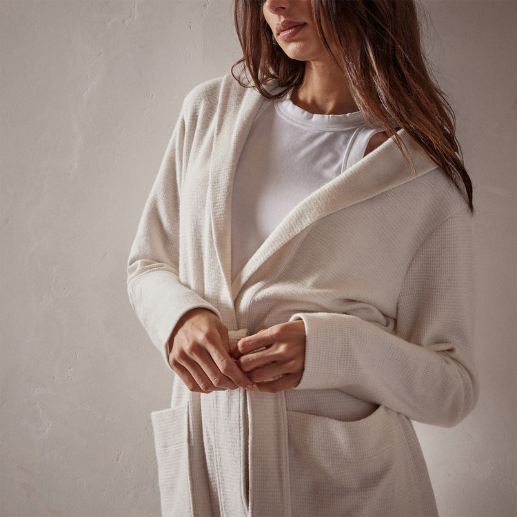 Brushed Thermal Knit Hooded Robe in Oyster | James Perse Los Angeles