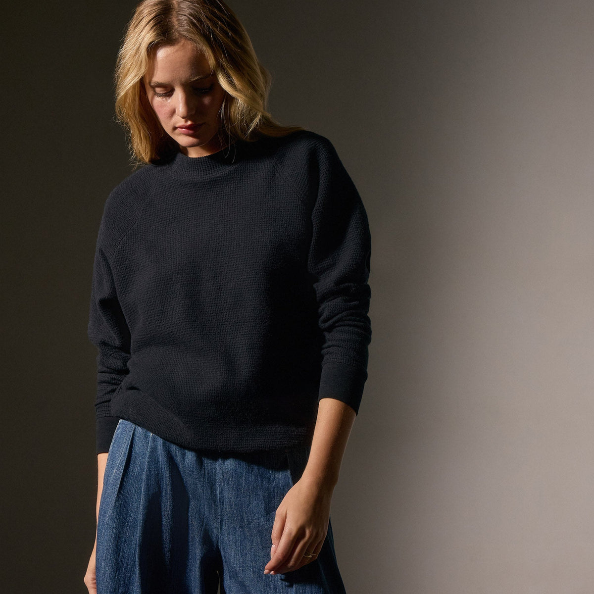 Brushed Thermal Knit Mock Neck in Black | James Perse Los Angeles