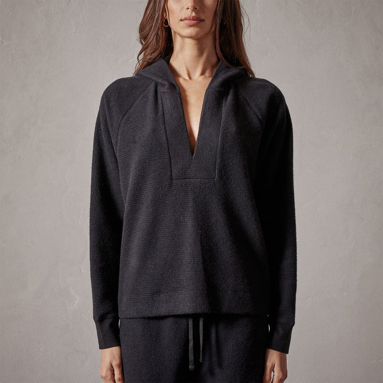 Thermal Knit Split Front Hoody in Black | James Perse Los Angeles