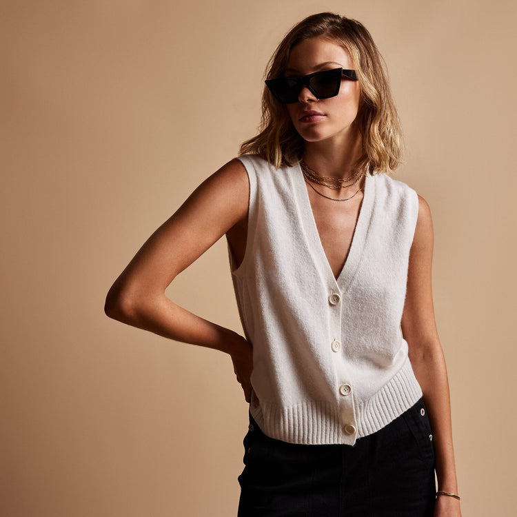Cotton Chashmere Button Vest in Chalk | James Perse Los Angeles