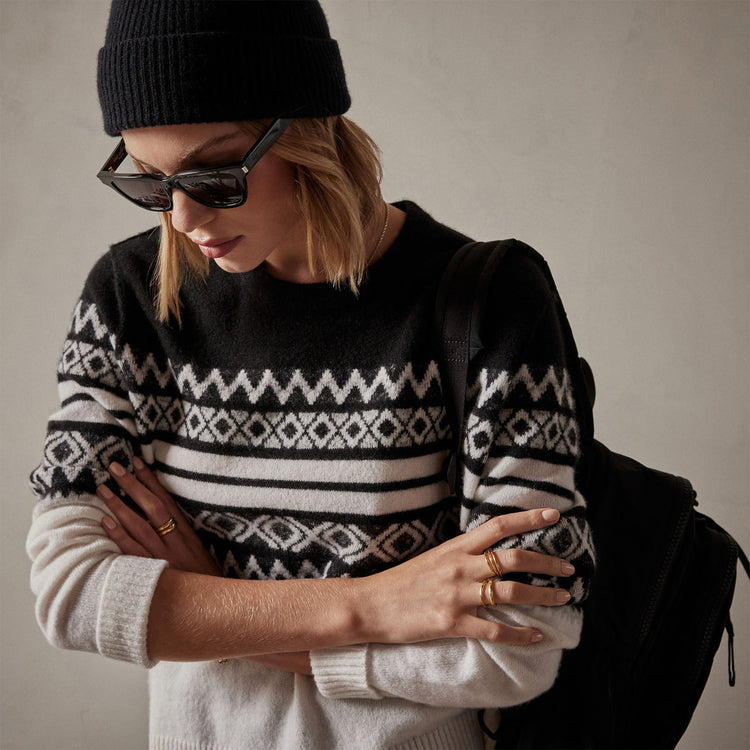 Fair Isle Cotton Cashmere Sweater in Black/Foggy/Chalk | James Perse Los Angeles
