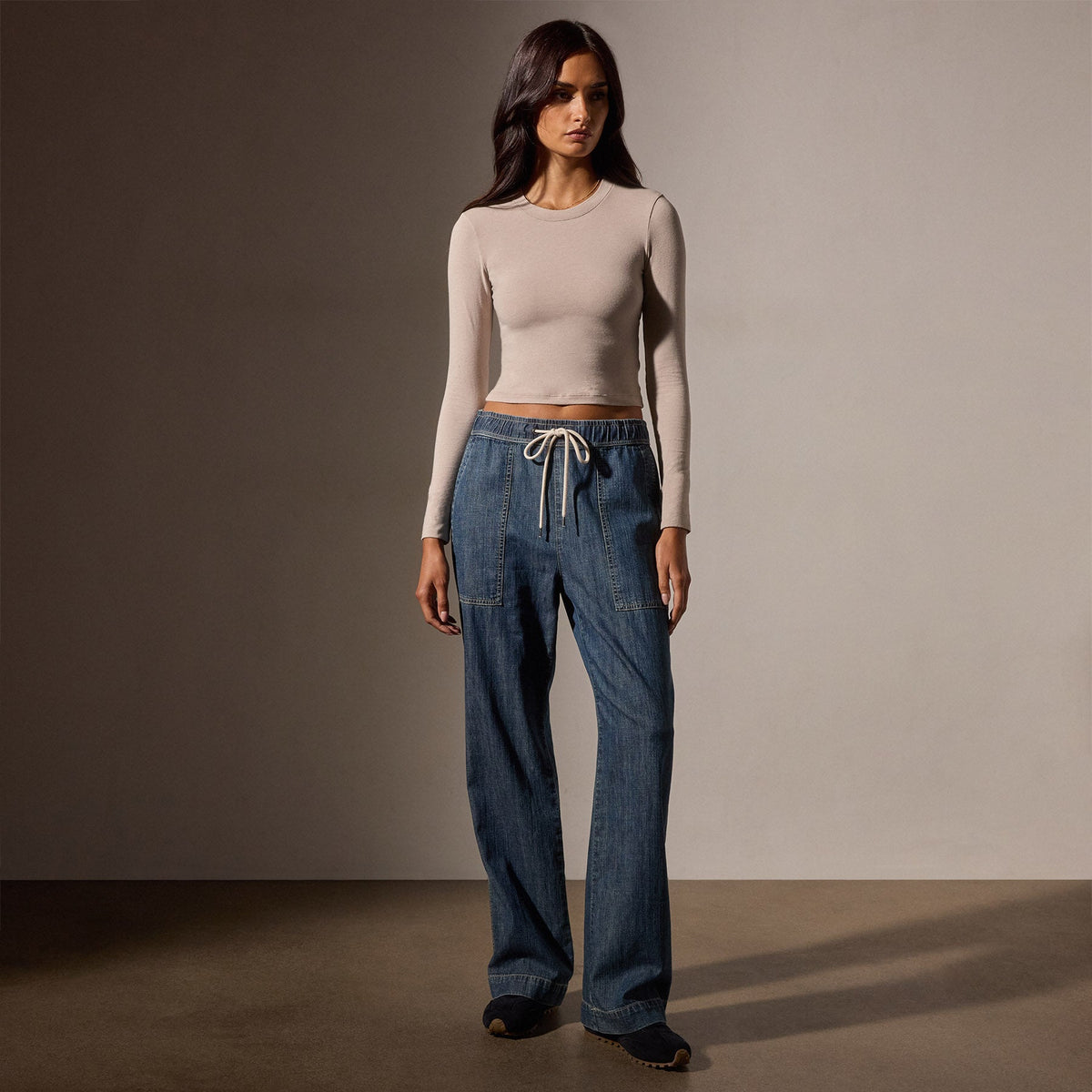 Wide Leg Pull On Denim Pant in Medium Wash | James Perse Los Angeles