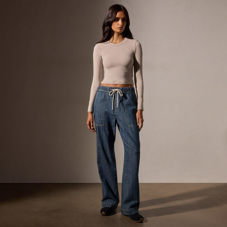 Wide Leg Pull On Denim Pant in Medium Wash | James Perse Los Angeles