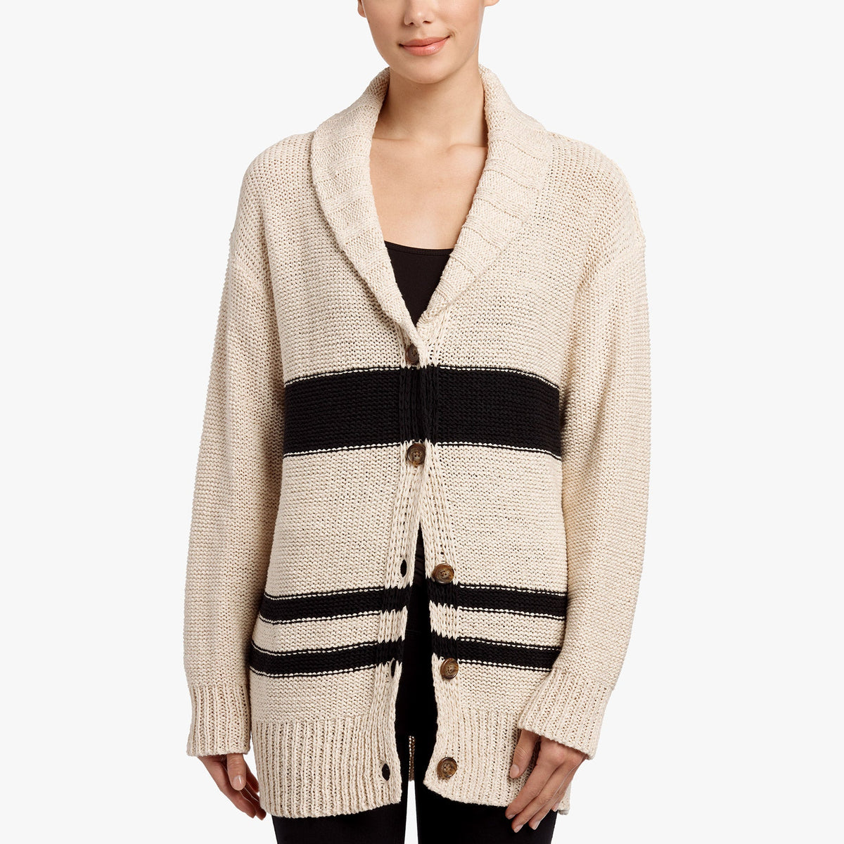 Striped Cotton Linen Beach Cardigan In Natural/Black | James Perse Los Angeles